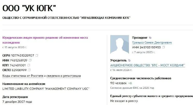 АО «БТС‑Мост Холдинг» приобрело управляющую компанию холдинга «Южуралзолото». Активы были национализированы год назад, сумма сделки составила 93,16 млрд руб.