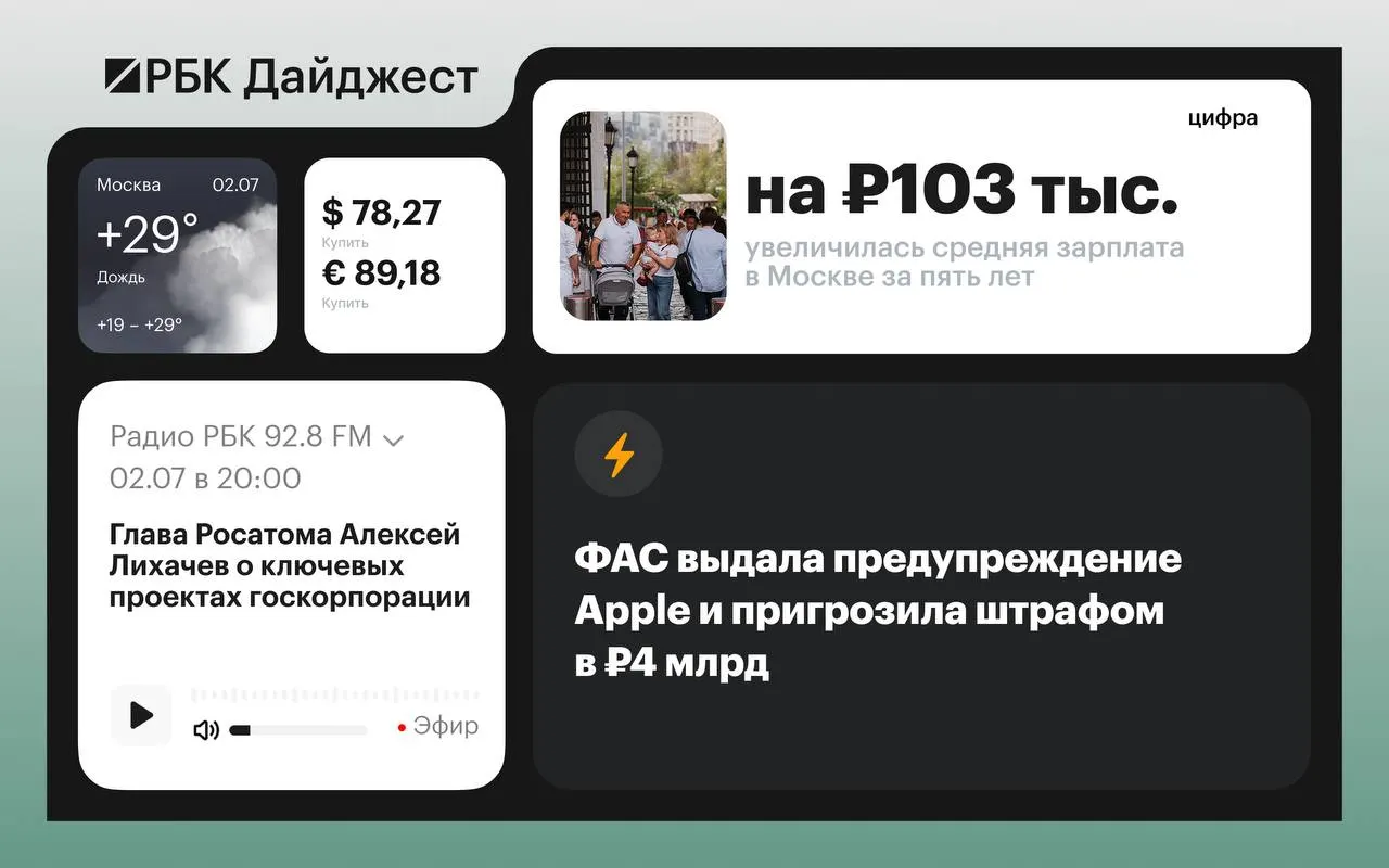 ФАС пригрозила Apple штрафом, Медведев поедет на похороны Хаменеи, ритейлеры просят приоритет на АЗС, ЦБ допускает более высокую ставку и другие ключевые события вечера 1 июля.